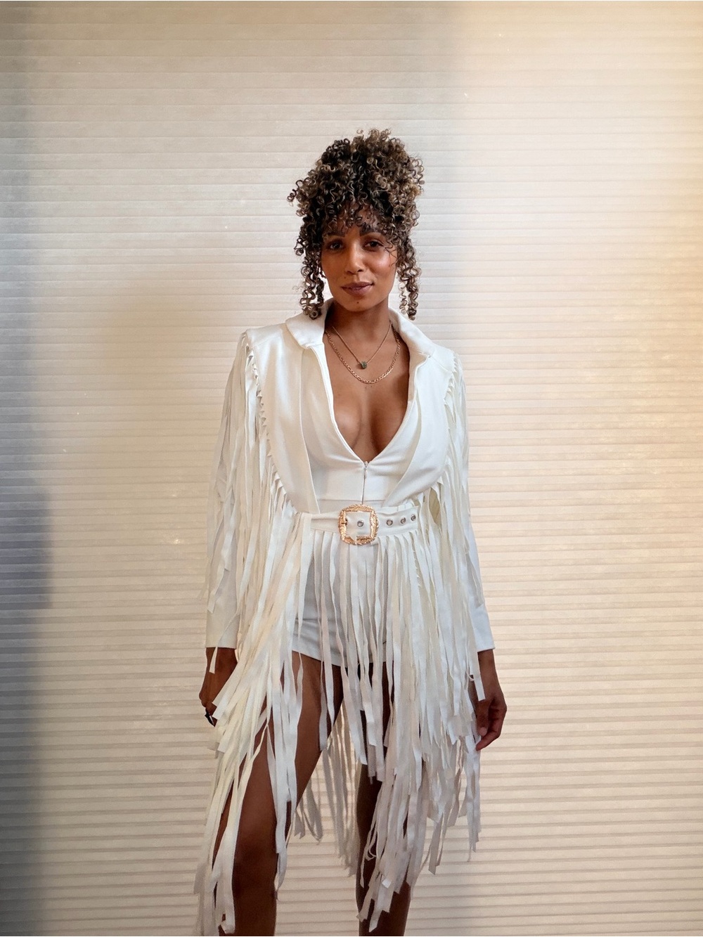 AKIRA Been Winning Fringe Romper Ivory Western Glam Festival Statement Piece - Picture 11 of 12